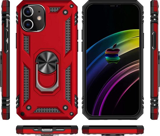 Coque Apple iPhone 12 Mini Rouge - Armure Hybride Antichoc avec Ring de Béquille