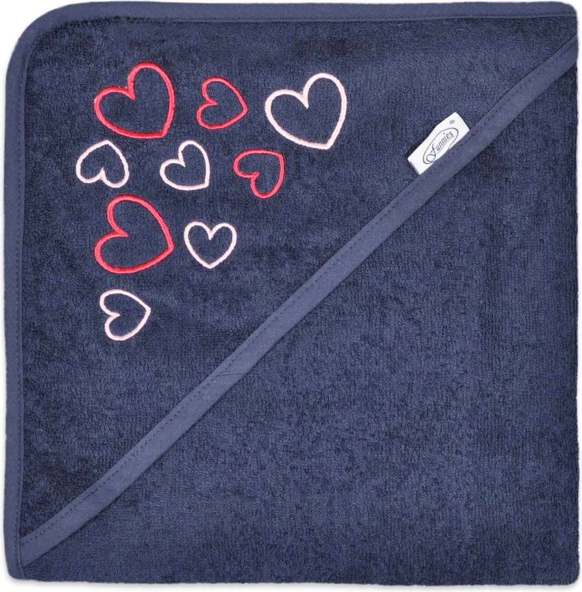 badcape hart navy | funnies | badcape met borduring | hartjes | blauw met roze | baby verzorging | zwemmen of badderen | 100% zuivere katoen, badstof | 80x80 cm