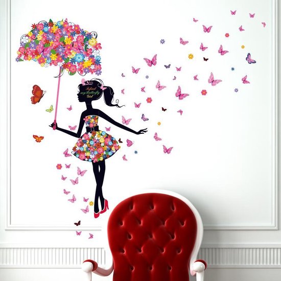 Autocollant mural | Fille avec parapluie | Papillons | Décoration murale |  Décoration... | bol.com