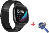 Luxe Metalen Armband Geschikt Voor Fitbit Sense/ Fitbit Versa 3 Horloge Bandje - Schakel Polsband Strap RVS - Met Horlogeband Inkortset - Stainless Steel Watch Band - One-Size - Zw
