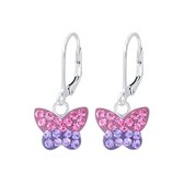 Joy|S - Zilveren vlinder oorbellen paars roze kristal leverback sluiting
