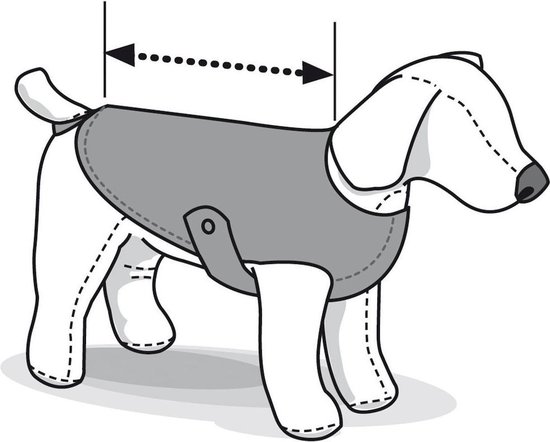 Schematische weergave van een hond met een grijze jas, met pijlen die de lengte aangeven.