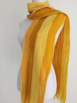 Handgemaakte, gevilte sjaal van 100% merinowol - Geel met oranje en meloen 204 x 19 cm. Stijl open gevilt.