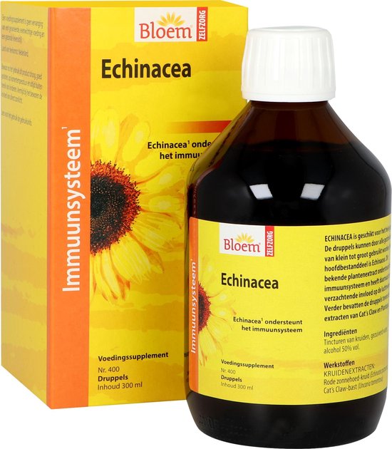 Verpakking en fles Bloem Echinacea met zonnebloemafbeelding en Nederlandse tekst.