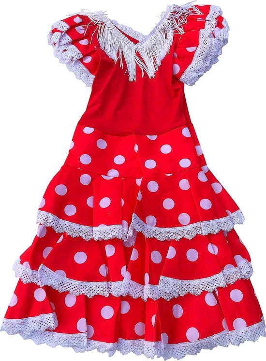 Spaanse Flamenco jurk - Niño - Rood/Wit - Maat 116/122 (8) - Verkleed jurk kinderen verkleedkleren meisje