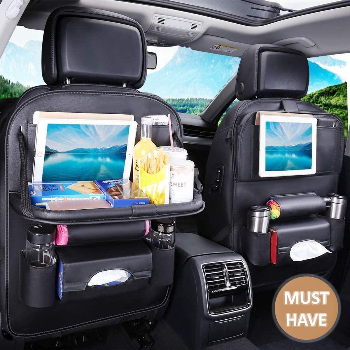 Happyle Organiseur pour siège arrière de voiture avec plateau de table pour bébé Cuir PU pliable Table de salle à manger pour bureau et support pour iPad mini Noir 