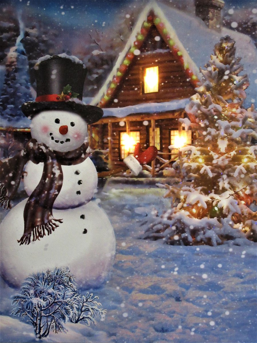 Schilderij met led - Canvas op houten frame - Sneeuwpop voor kersthuis - 3... | bol.com