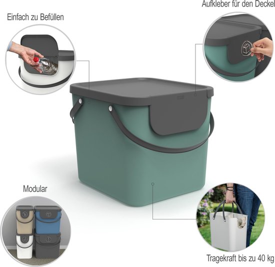 Groene bak met donkergrijs deksel. Illustraties tonen 'eenvoudig te vullen' en 'tragereikracht 40kg'.