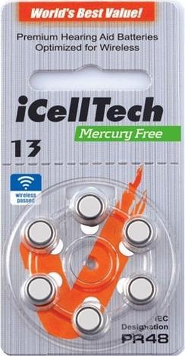 I CELL TECH MERCURY FREE 13 | hoortoestel batterij p13 | Oranje sticker | oortoestel batterij | gehoorapparaat