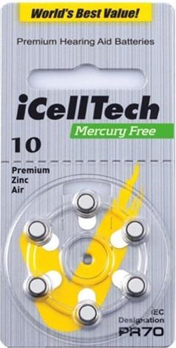 I CELL TECH MERCURY FREE 10 | hoortoestel batterij p10 | gele sticker | kleinste hoortoestel batterij | gehoorapparaat