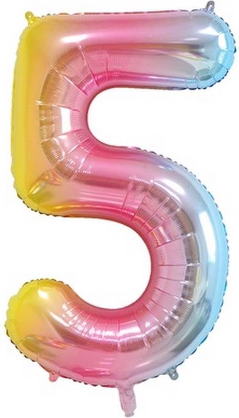 Folie Ballonnen XL Cijfer 5 , Blauwe Regenboog, 86cm, Verjaardag, Feest, Party, Decoratie, Versiering, Miracle Shop