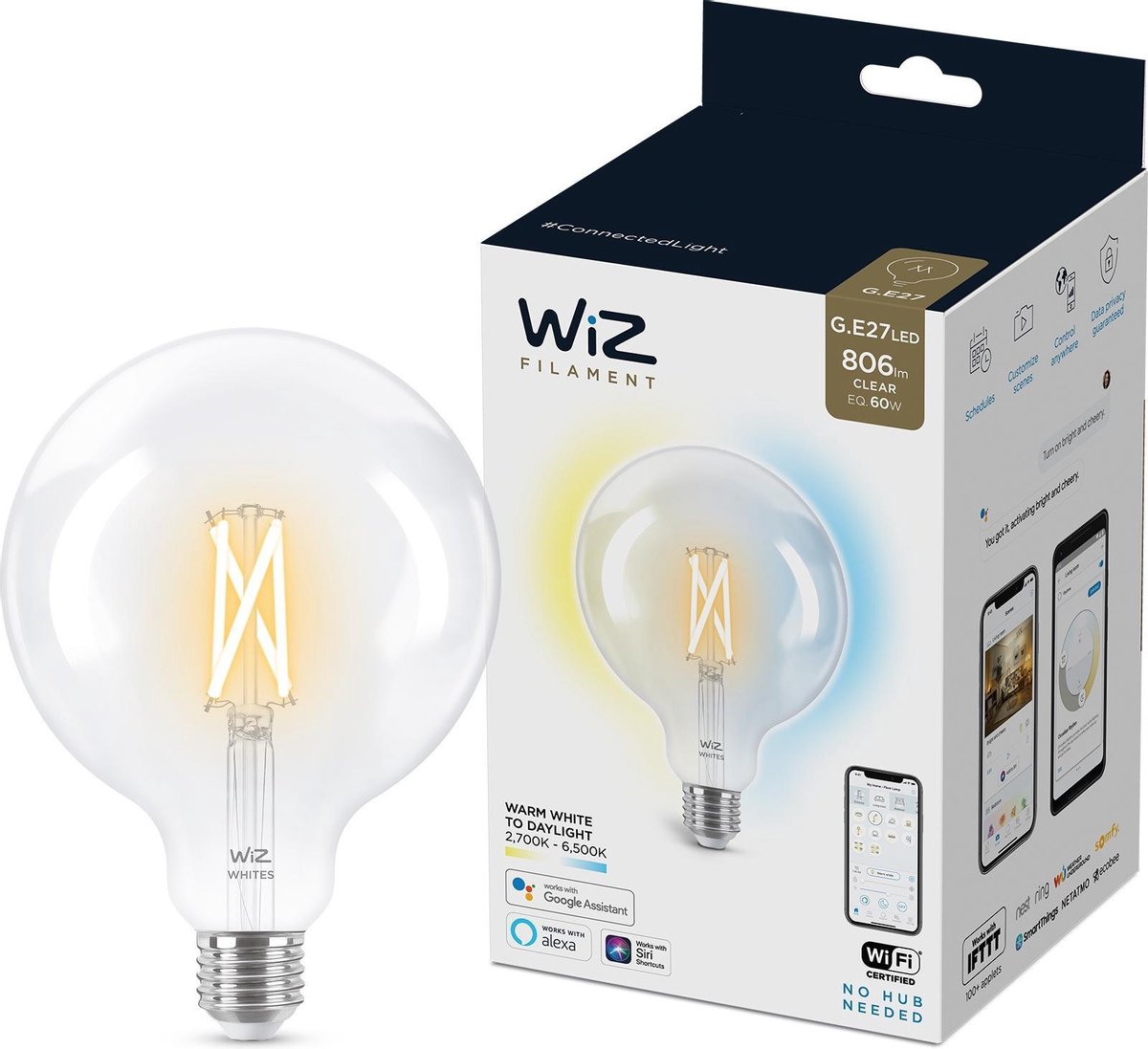 WiZ Connected Globe E27 Transparant 60W Koel tot