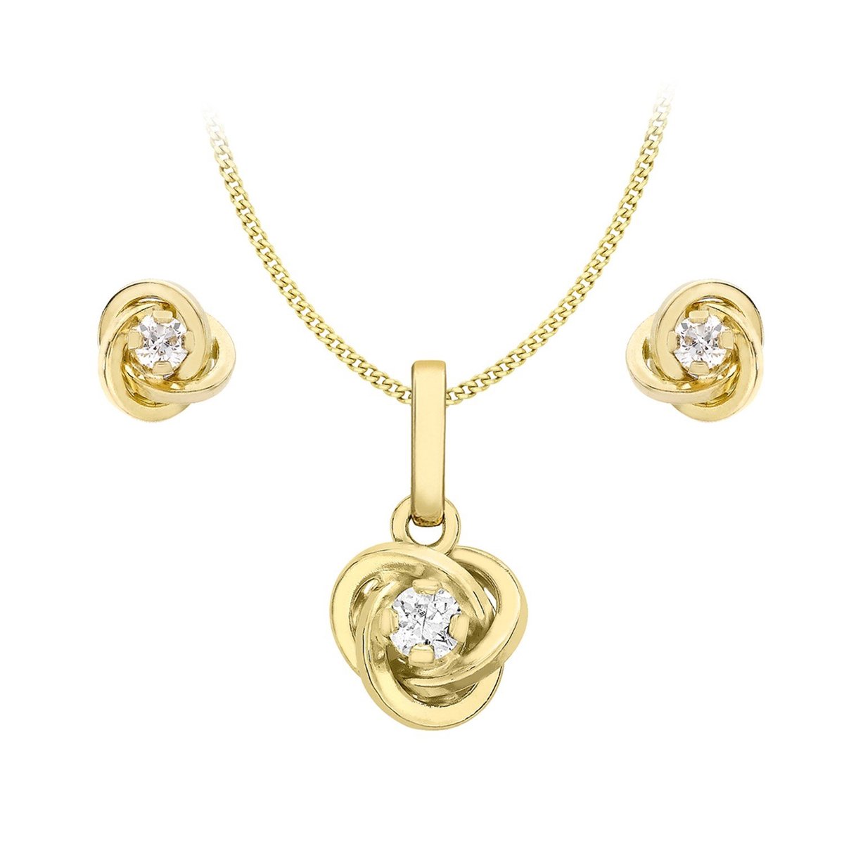 Lucardi - Dames 9 Karaat set knoop met zirkonia - Cadeau Set - 9 Karaat - Goudkleurig