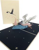 geboorte kaart meisje-popup-met envelop -Ooievaar-wenskaart -3d-