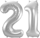 Ballon Cijfer 21 Jaar Zilver Verjaardag Versiering Zilveren Helium Ballonnen Feest Versiering 86 Cm XL Formaat Met Rietje