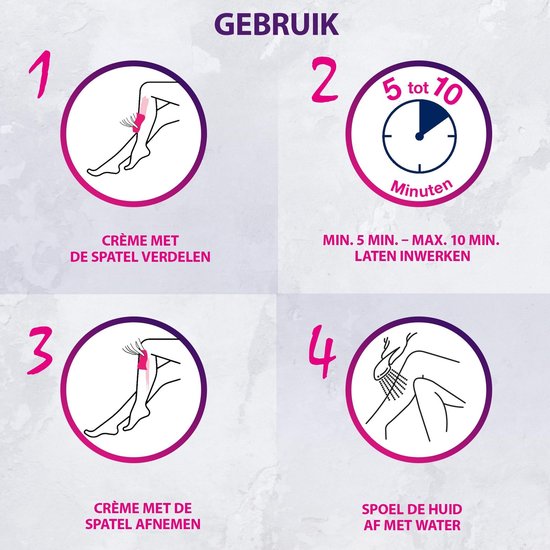 Vier stappen voor gebruik: 1. Crème verdelen met spatel. 2. 5 tot 10 minuten laten inwerken. 3. Crème afnemen met spatel. 4. Huid afspoelen met water.