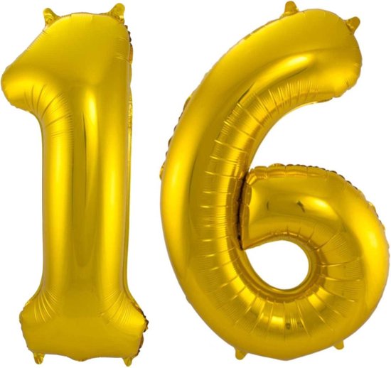 Ballon Cijfer 16 Jaar Goud Verjaardag Versiering Gouden Helium Ballonnen Feest Versiering 86 Cm XL Formaat Met Rietje