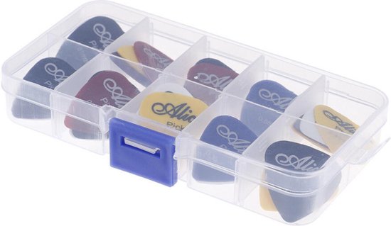 Transparante koffer met Alice plectrums in blauw, geel, rood en paars, met verschillende diktes.
