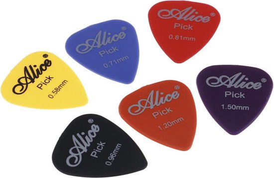 Set van zes Alice plectrums in verschillende kleuren: geel, blauw, rood, paars, oranje en zwart, met hun dikte aangegeven.