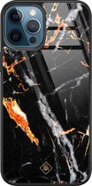 iPhone 12 Pro hoesje glass - Marmer zwart oranje | Apple iPhone 12 Pro  case | Hardcase backcover zwart