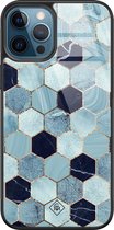 iPhone 12 Pro hoesje glass - Blue cubes | Apple iPhone 12 Pro  case | Hardcase backcover zwart
