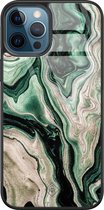 iPhone 12 Pro hoesje glass - Groen marmer / Marble | Apple iPhone 12 Pro  case | Hardcase backcover zwart