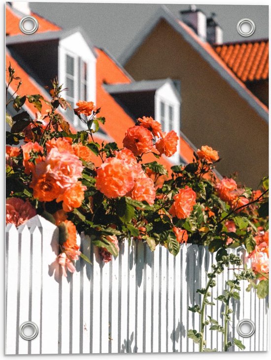 Tuinposter – Witte Schutting met Rode Bloemen - 30x40cm Foto op Tuinposter  (wanddecoratie voor buiten en binnen)