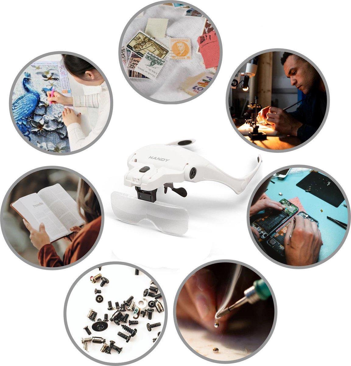 Hoofdband Vergrootglas, eSynic USB Opladen Handsfree Vergrootglas Oplaadbare Headset Vergrootglas met Licht en 4 Afneembare Lenzen (1.5X-3.5X) voor Lezen, Sieraden, Loepe, Ambachten, enz