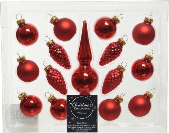 Kerst rode glazen kerstballen 3 cm en piek set voor mini kerstboom 15-dlg - Kerstversiering/kerstboomversiering kerst rood