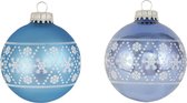 8x Luxe blauwe glazen kerstballen met witte sneeuwvlokken 7 cm - Kerstversiering/kerstdecoratie blauw