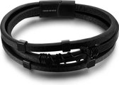 Twice As Nice Armband in edelstaal, 3 leren rijen, anker, zwart  21 cm