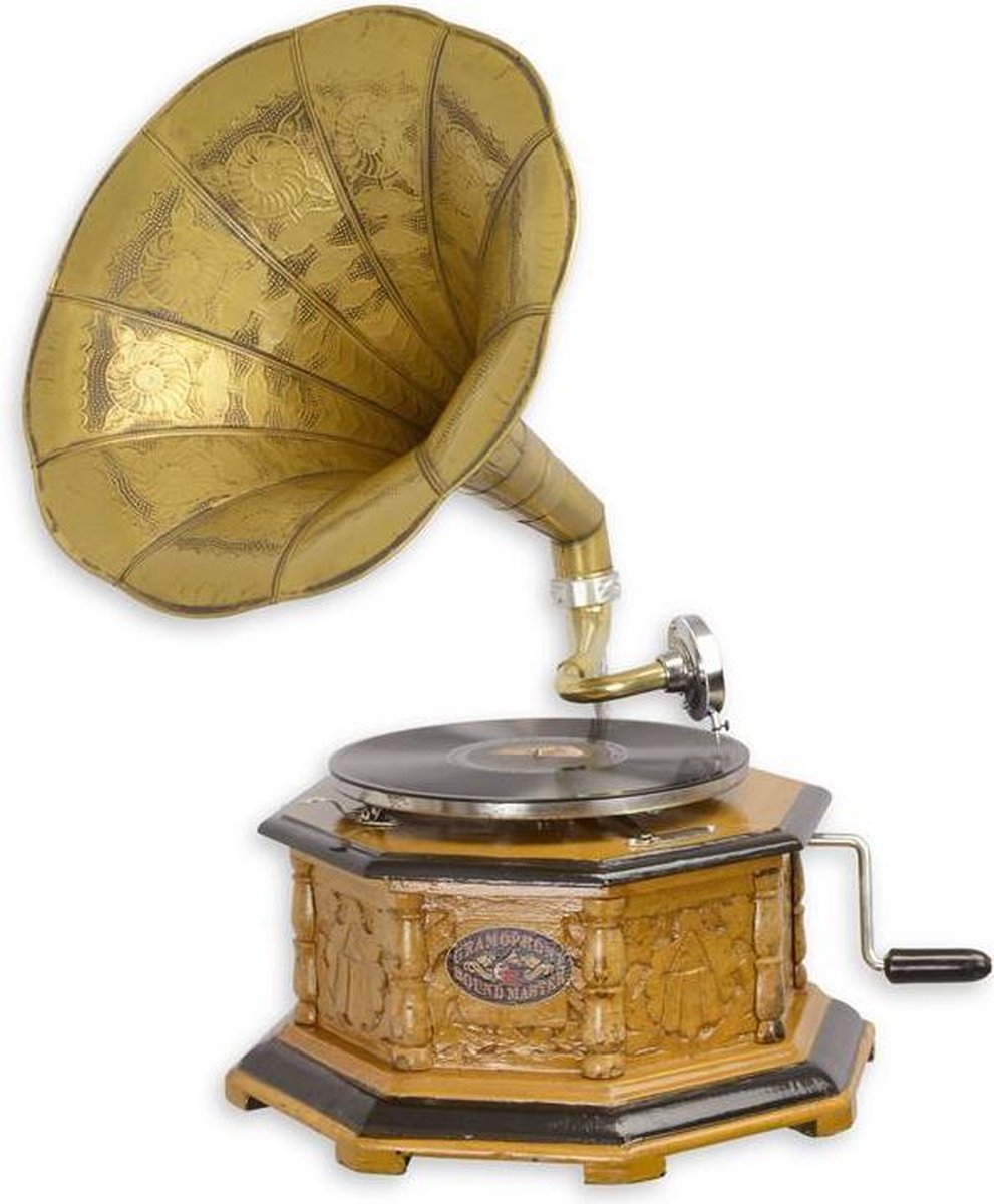 Decoratieve Grammofoon vintage - decoratief - Achthoekige platenspeler Goud - Gekerfde bloemen - 65 cm hoog