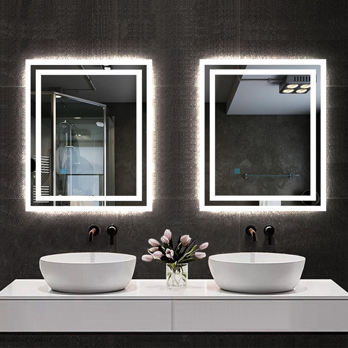LED Rechthoekige Badkamerspiegel - 80x60cm 4mm - Dubbele Licht Banen - Enkele Touch Sensor Schakelaar - Anti-condens - Wit