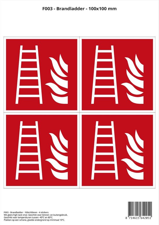 Pictogramme autocollant F003 - Echelle de pompiers - 100x100mm - 4 autocollants sur 1 feuille