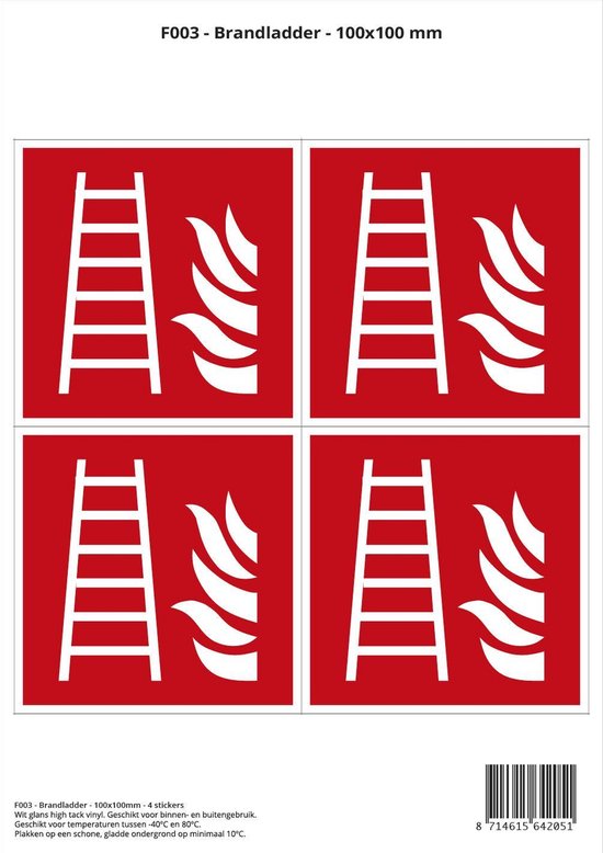 Pictogram sticker F003 - Brandladder - 100x100mm - 4 stickers op 1 vel