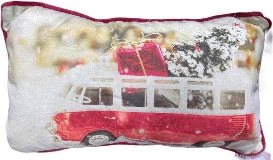 Kerstkussen - versierde auto - VW bus - Volkswagen T1 bus - Samba bus - rood