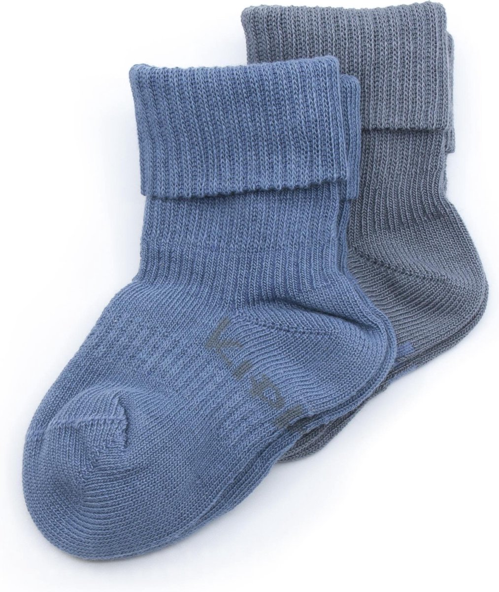 KipKep Babysokjes Blauw: Bio Blijf-Sokjes - Maat 6-12 mnd - Denim Blue - Antraciet - 2 paar - zakken niet af