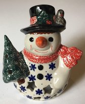 Bunzlau sneeuwpop met kerstboom voor een waxinelichtje, Kerst X-mas