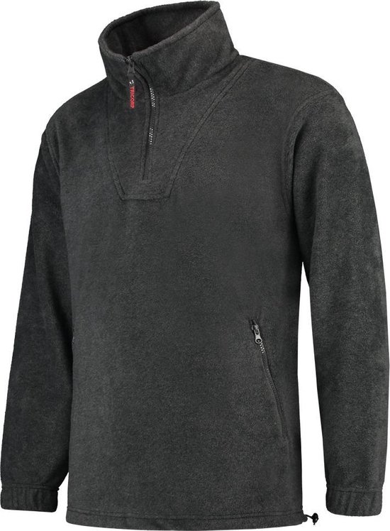 Donkergrijze fleece trui met rits kraag en twee zakken met rits.