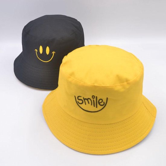 Reversible bucket hat - vissershoedje - zonnehoed - smiley - geel/zwart - omkeerbaar