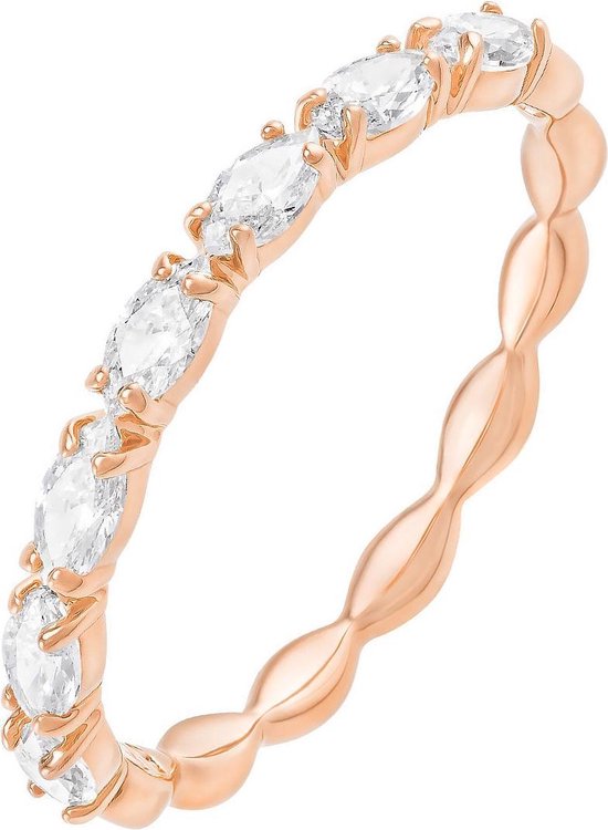 Une bague plaquée or rose ornée de cristaux alternés ronds et marquises.