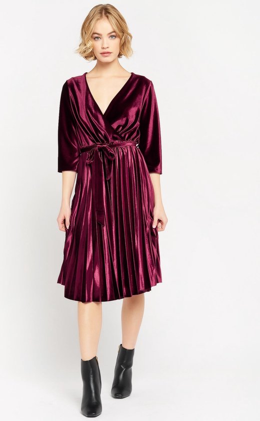 LOLALIZA Fluwelen jurk met plisse - Bordeaux - Maat 42 | bol