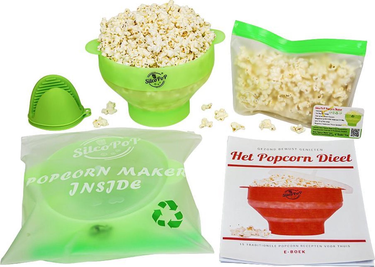 SilcoPoP 4in1 Popcorn Maker Bundle Groen - Siliconen Popcorn Popper Simpel & Opvouwbaar