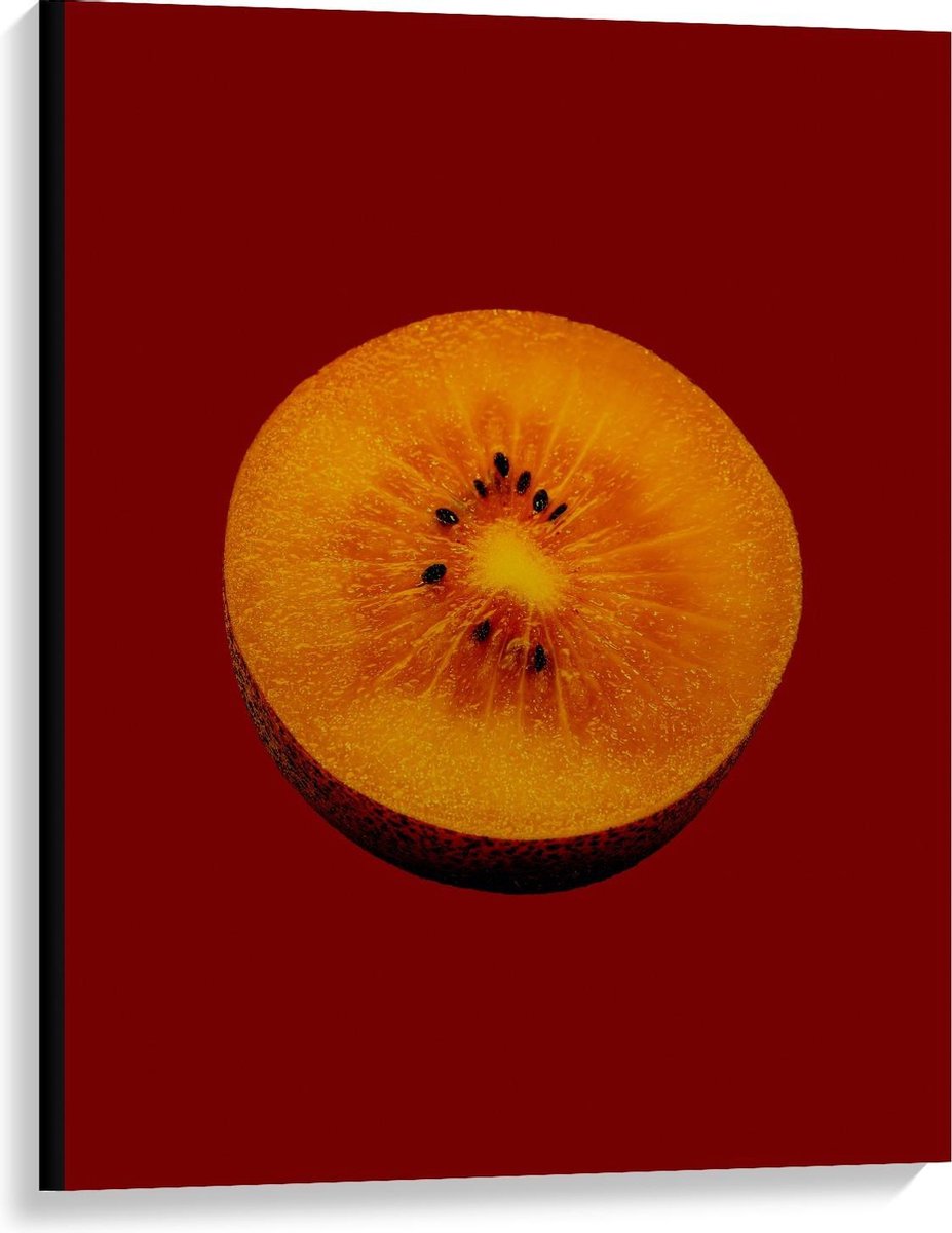 Canvas - Gele Kiwi op Rode Achtergrond - 75x100cm Foto op Canvas Schilderij (Wanddecoratie op Canvas)