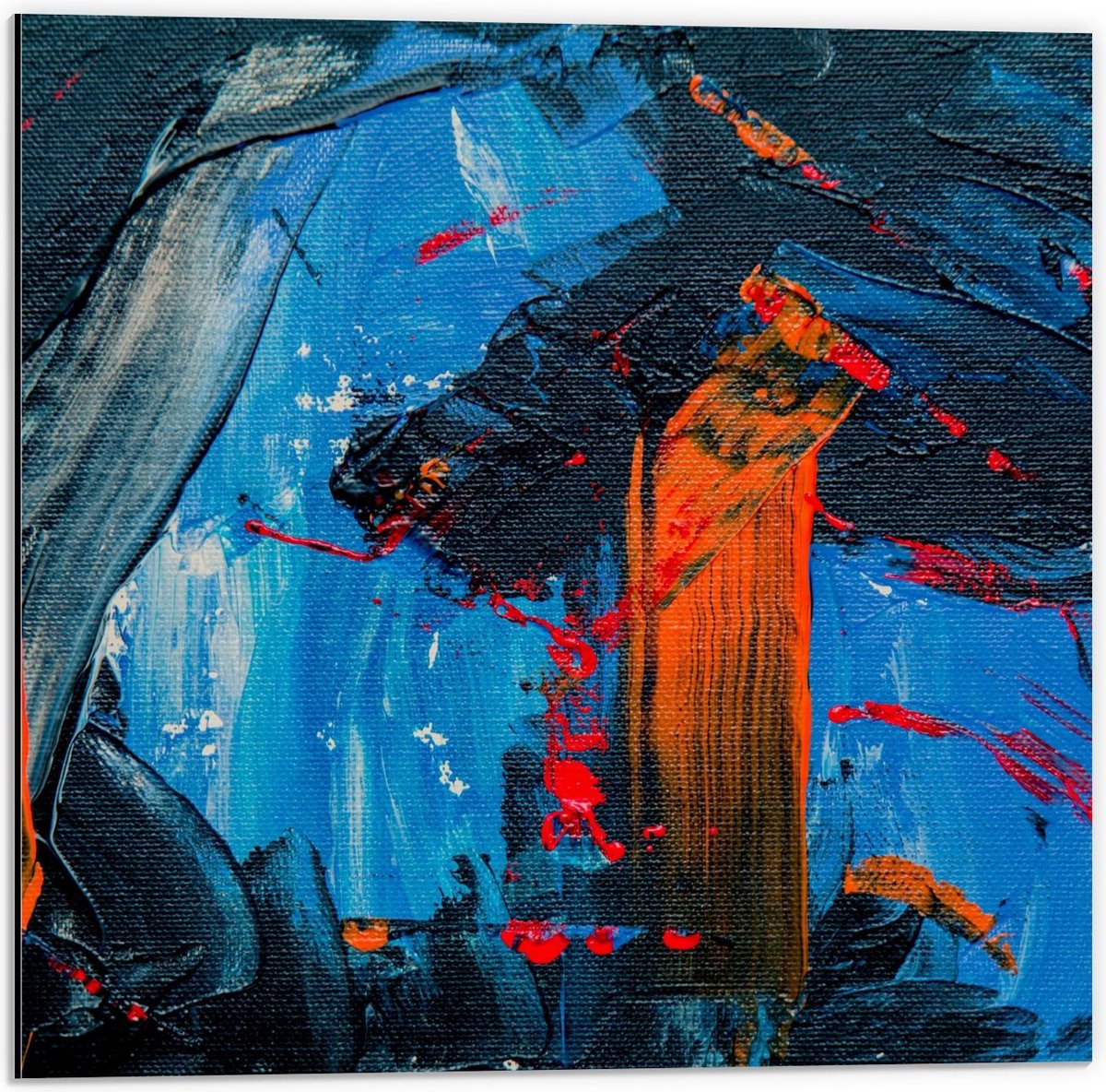 Dibond - Schilderij Verfstrepen (zwart/blauw/oranje) - 50x50cm Foto op Aluminium (Met Ophangsysteem)