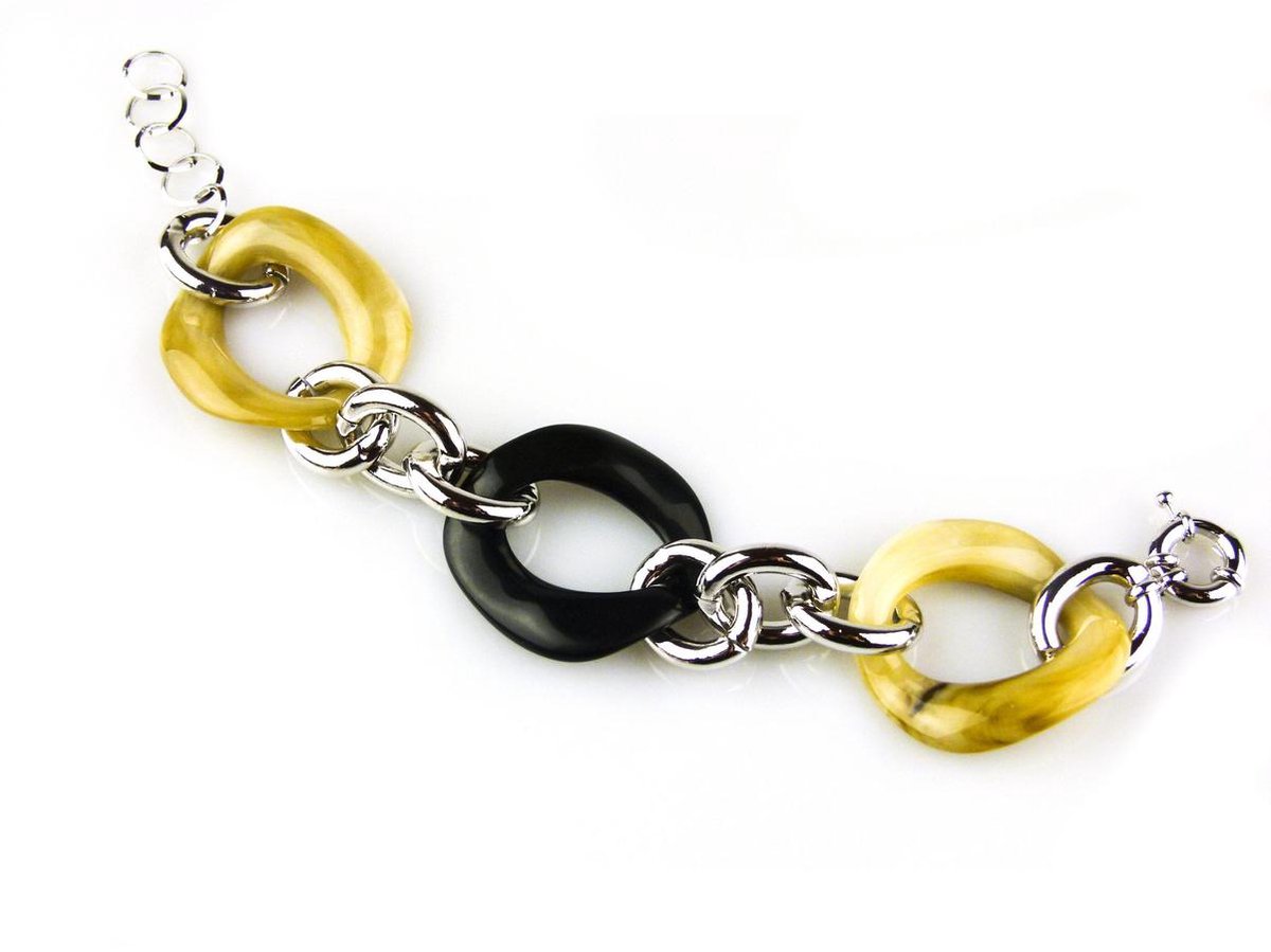 model Cannes armband in brons zilverkleurig met beige en zwarte schakels