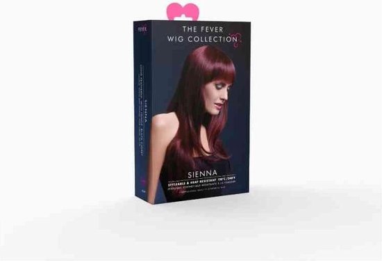 Verpakking van de Fever Wig Collection met de naam 'Sienna'. De doos toont een model met een lange, donkerrode pruik met pony.