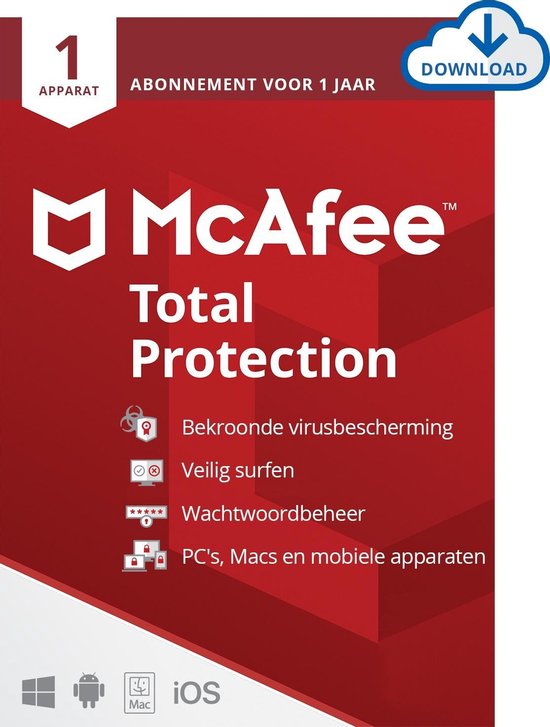 McAfee Total Protection Beveiligingssoftware - 12 maanden/1 apparaat - Nederlands - PC, Mac, iOS & Android Download