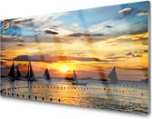 Glasschilderij ZEILEN OP ZONSONDERGANG | 4 mm veiligheidsglas | 100 x 50 cm | Blind ophangsysteem | Moderne glazen schilderij