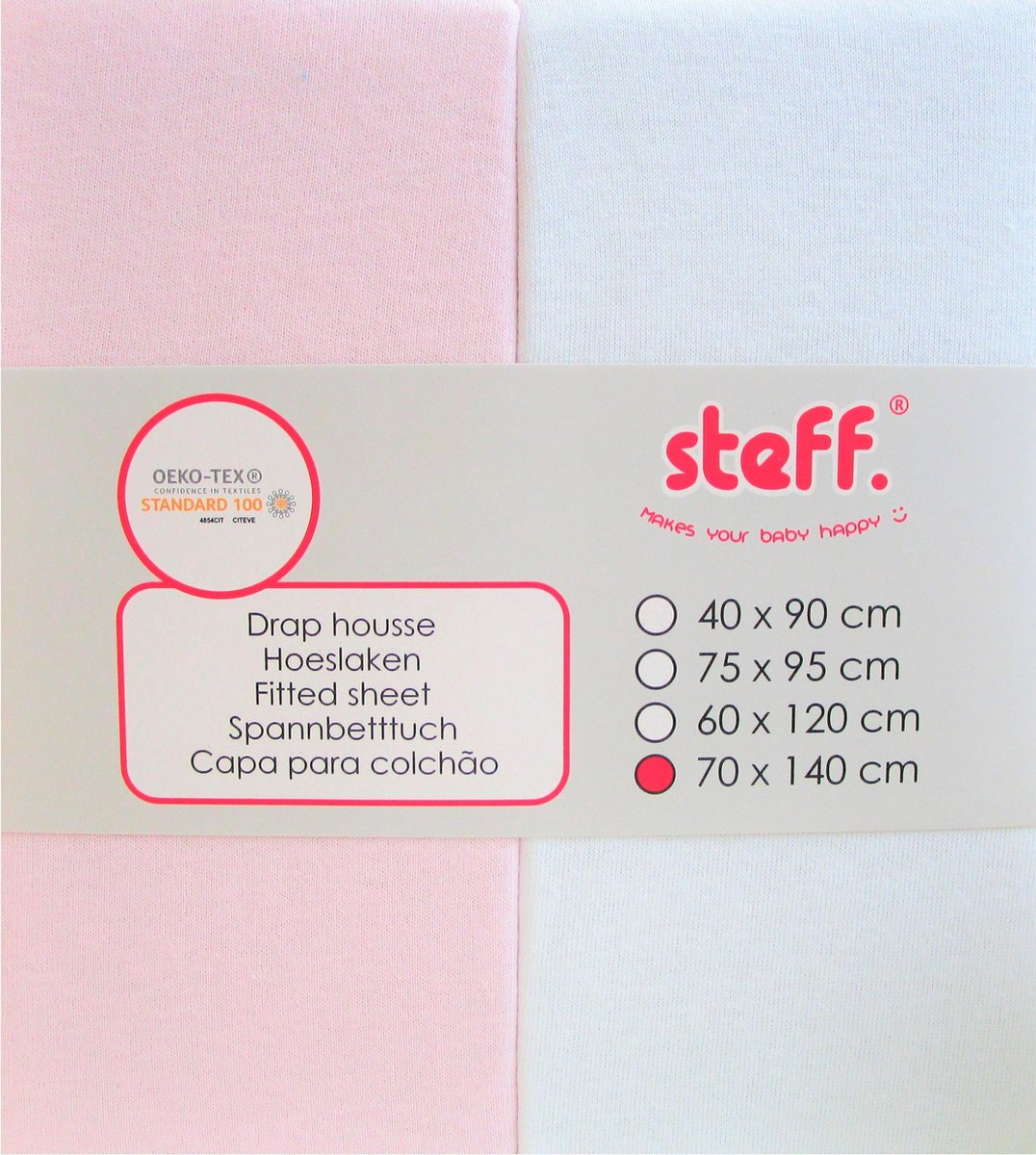 Stefano Fashion - hoeslaken 70x140 cm - jersey katoen set van 2 wit + roze met kwaliteitslabel OEKO-Tex standard 100